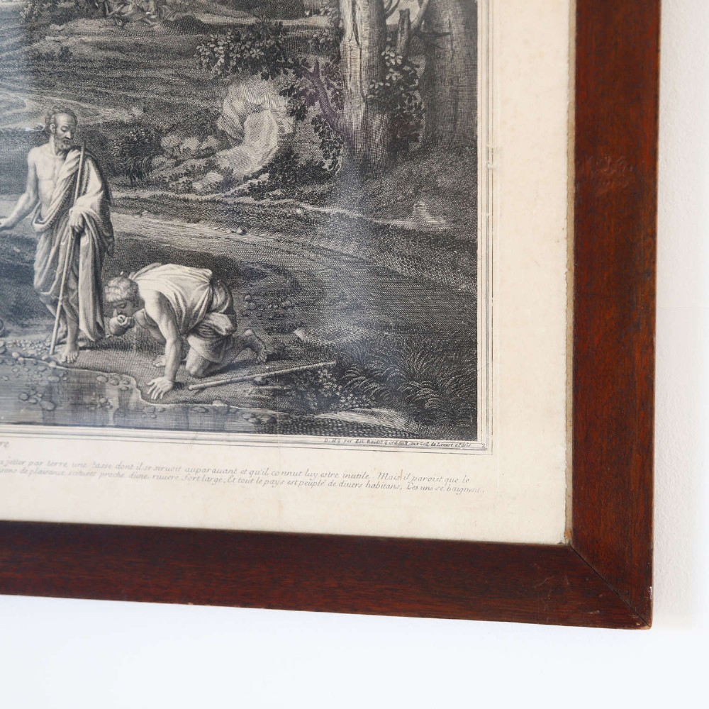 An 18th-century monochrome French engraving depicting a classical landscape with figures beside a body of water, housed in a plain dark wood frame. View VIII