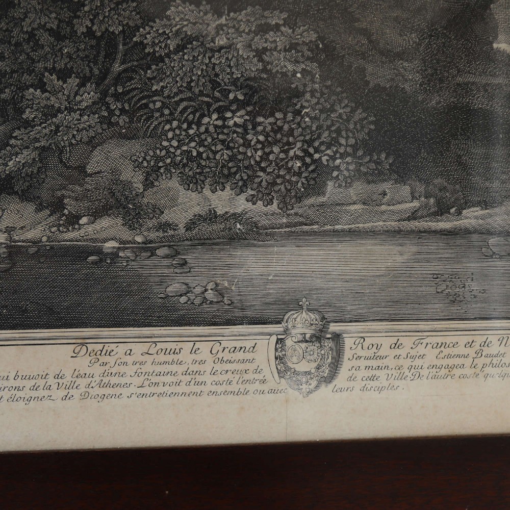 An 18th-century monochrome French engraving depicting a classical landscape with figures beside a body of water, housed in a plain dark wood frame. View XI