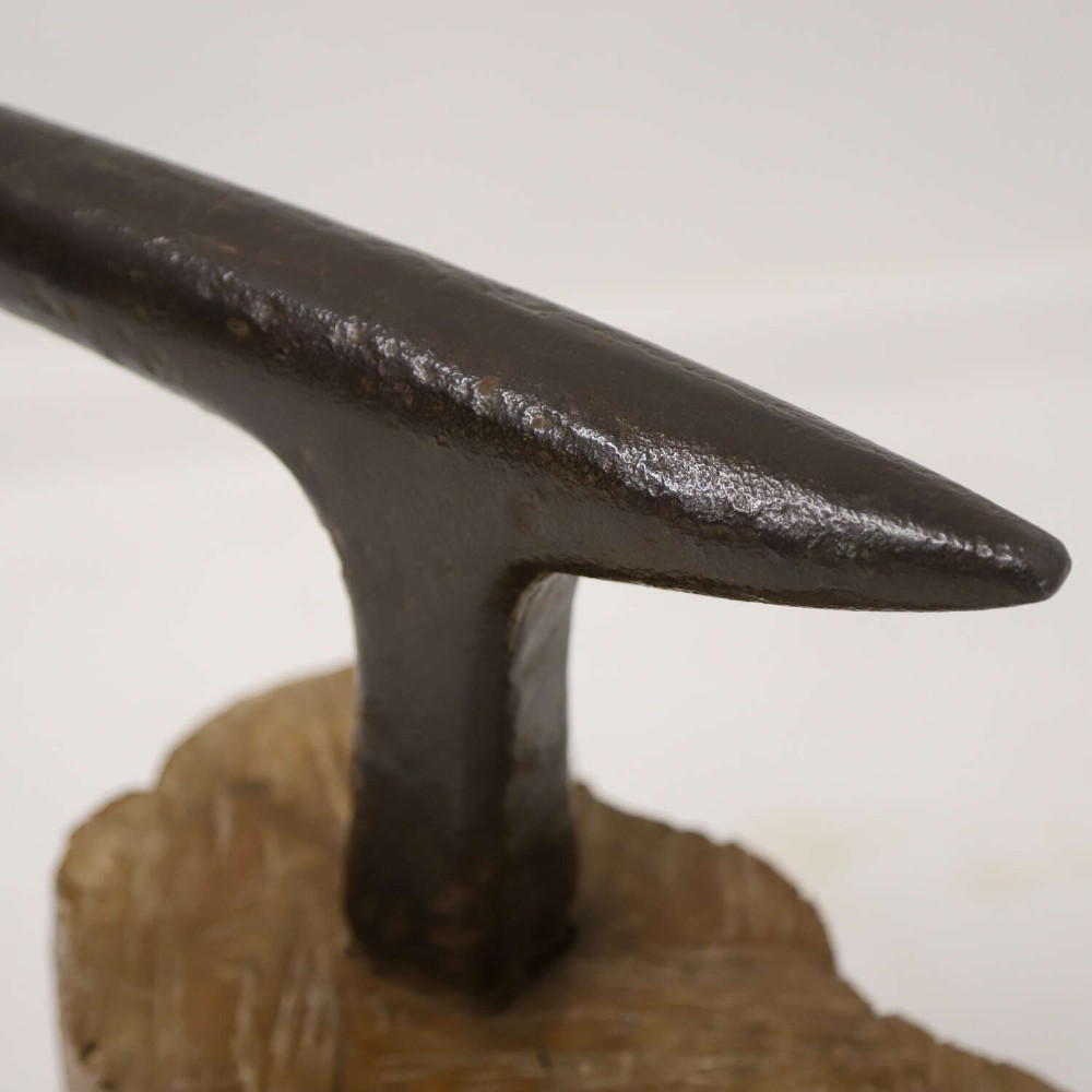 A nineteenth-century T-shaped wrought iron farriers anvil mounted into a natural carved fruitwood log trunk. View IX