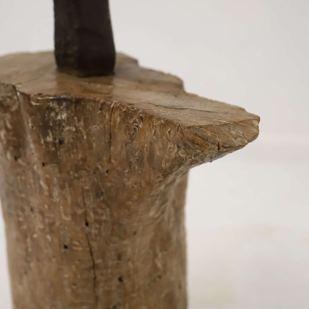 A nineteenth-century T-shaped wrought iron farriers anvil mounted into a natural carved fruitwood log trunk. View X