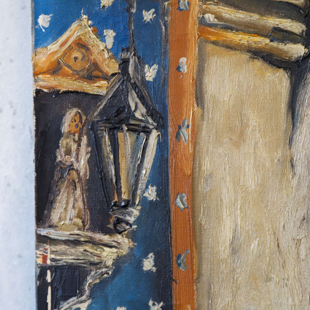 An oil painting on canvas depicting a Flemish cobbled street framed by a dark archway, featuring white plaster buildings and a blue door, signed by L. De Gent. View VI