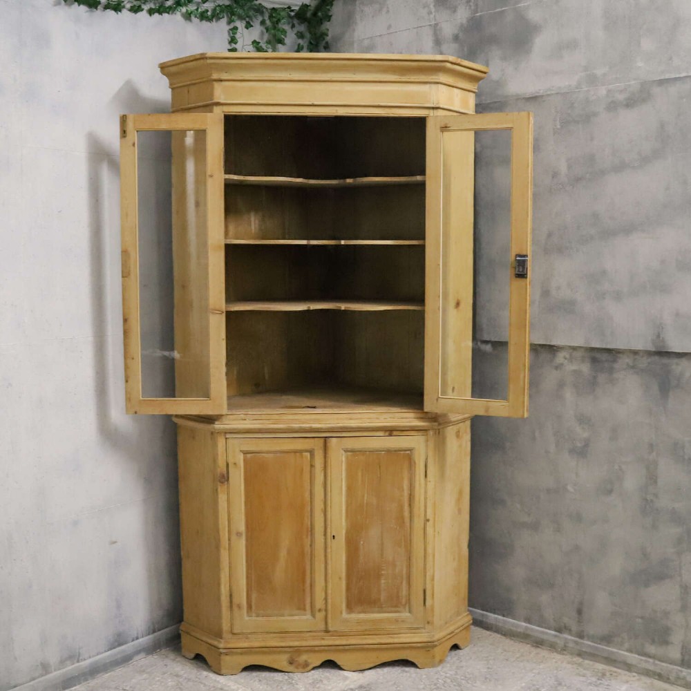 A nineteenth-century two-part pine corner cupboard featuring glazed upper doors and panelled lower doors with a shaped apron. View IX
