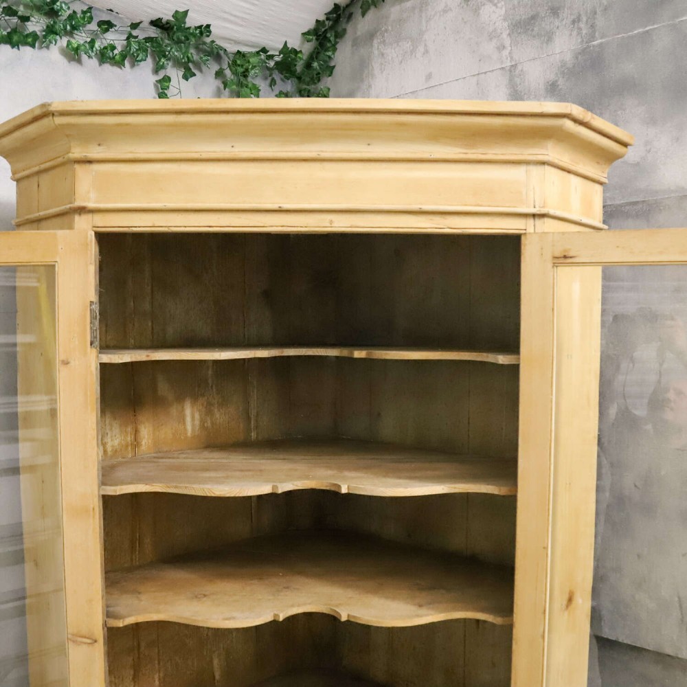 A nineteenth-century two-part pine corner cupboard featuring glazed upper doors and panelled lower doors with a shaped apron. View X