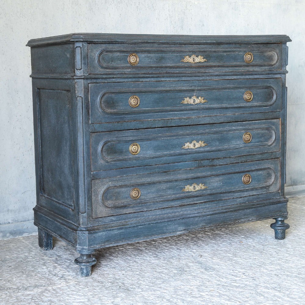 A late 19th-century French Louis XVI Revival chest of drawers painted in slate blue with four drawers featuring decorative brass hardware. View IV