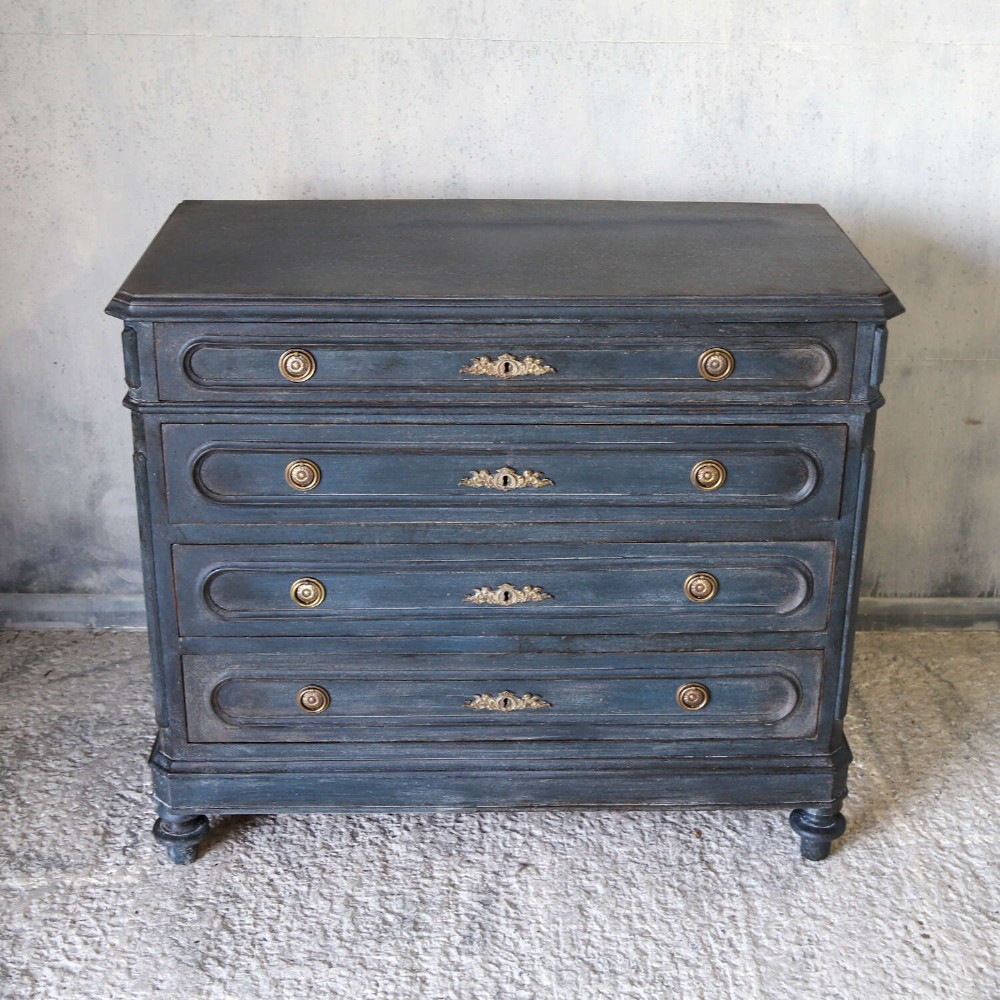A late 19th-century French Louis XVI Revival chest of drawers painted in slate blue with four drawers featuring decorative brass hardware. View XIII