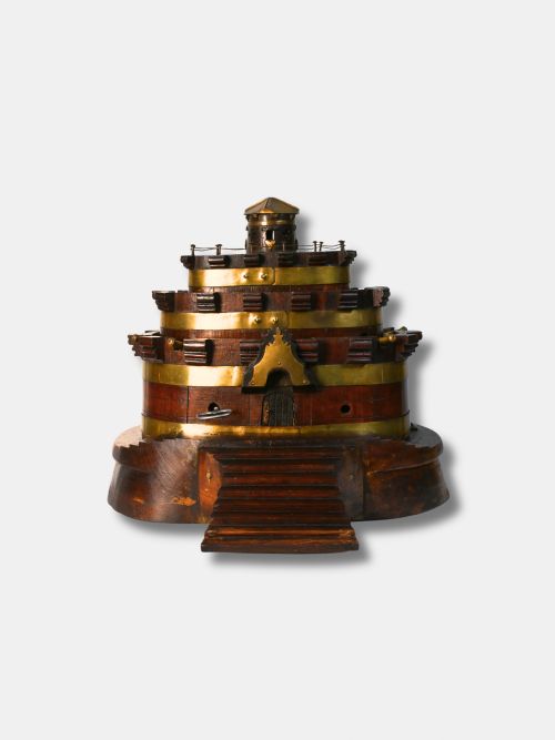 C 1900 MAHOGANY AND BRASS CLOCKWORK MODEL OF A SEA FORT FRENCH