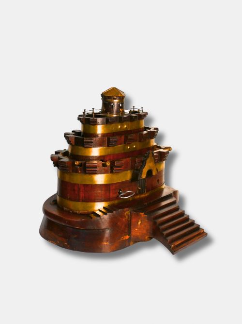 C 1900 MAHOGANY AND BRASS CLOCKWORK MODEL OF A SEA FORT FRENCH - ADDITIONAL PHOTO 2