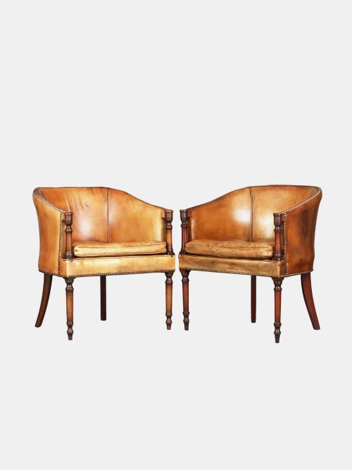 C 1910 PAIR OF TAN LEATHER CLUB LIBRARY CHAIRS ENGLISH