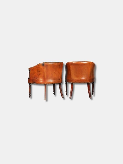C 1910 PAIR OF TAN LEATHER CLUB LIBRARY CHAIRS ENGLISH - ADDITIONAL PHOTO 1