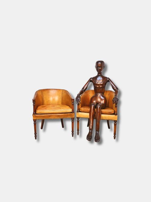 C 1910 PAIR OF TAN LEATHER CLUB LIBRARY CHAIRS ENGLISH - ADDITIONAL PHOTO 2