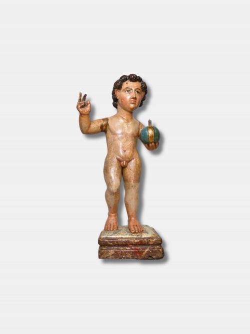 17TH C WOOD AND POLYCHROME SCULPTURE CHILD OF THE BALL SALVATOR MUNDI SPANISH