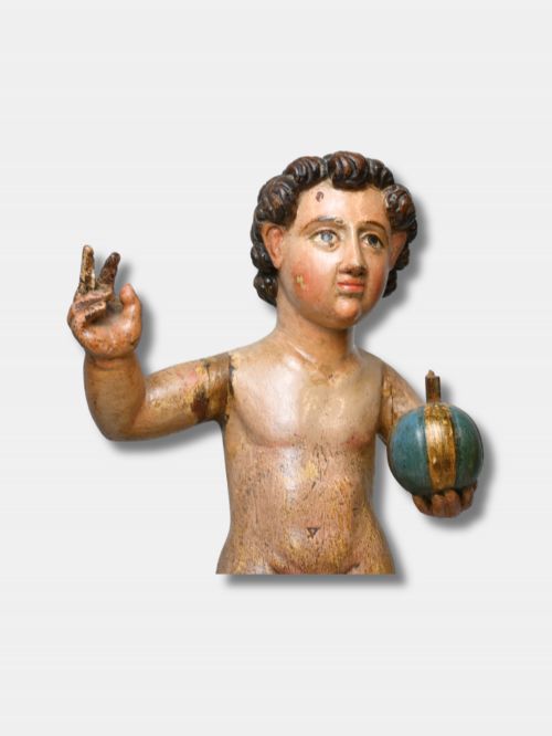 17TH C WOOD AND POLYCHROME SCULPTURE CHILD OF THE BALL SALVATOR MUNDI SPANISH - ADDITIONAL PHOTO 4