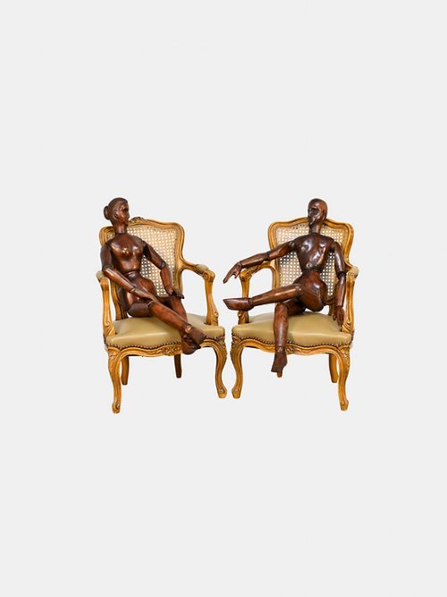 19TH C PAIR OF CARVED WOOD MALE AND FEMALE LAY FIGURES FRENCH