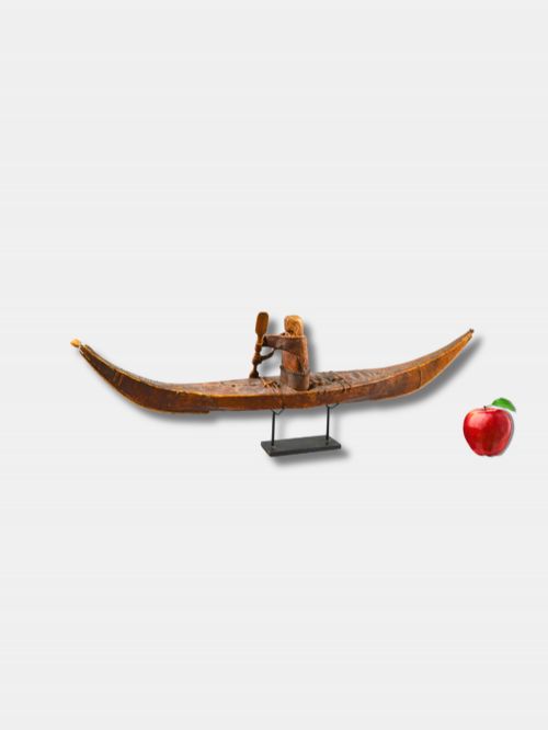 1882 INUIT TANNED SEAL SKIN WOOD AND BONE ESKIMO IN KAYAK SCULPTURE INUIT CANADIAN