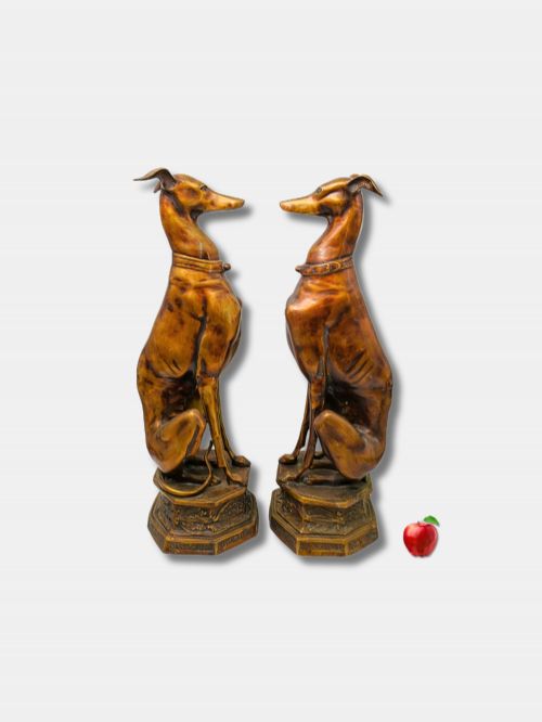 C 1930 LARGE PAIR OF PATINATED BRONZE WHIPPET OR GREYHOUND DOGS ON PEDESTALS - ADDITIONAL PHOTO 1