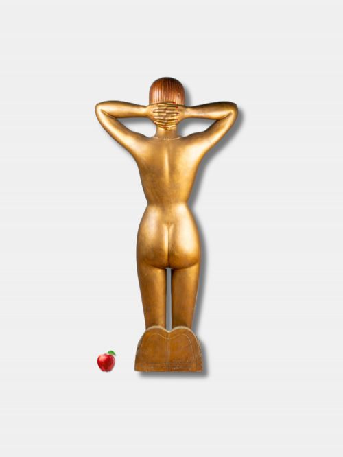 fig 1. A gold-painted Art Deco plaster female figure kneeling with arms behind her head, mounted on a base inscribed with Charmereine Paris.