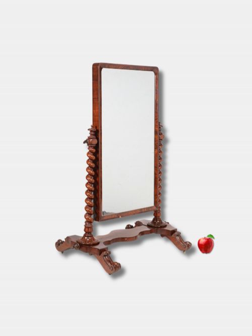 fig 1. A Victorian warm brown wood cheval mirror featuring barley twist supports, turned finials, and a serpentine plinth base.