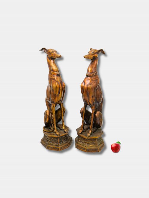 C 1930 LARGE PAIR OF PATINATED BRONZE WHIPPET OR GREYHOUND DOGS ON PEDESTALS