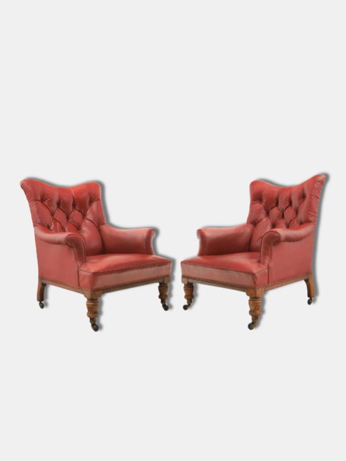 C. 1920, Pair of Chesterfield Armchairs, in Red Oxblood Rexine (English)