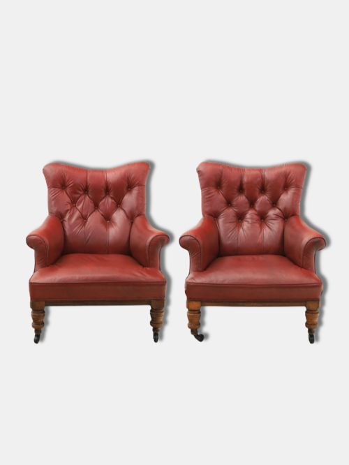 C. 1920, Pair of Chesterfield Armchairs, in Red Oxblood Rexine (English)