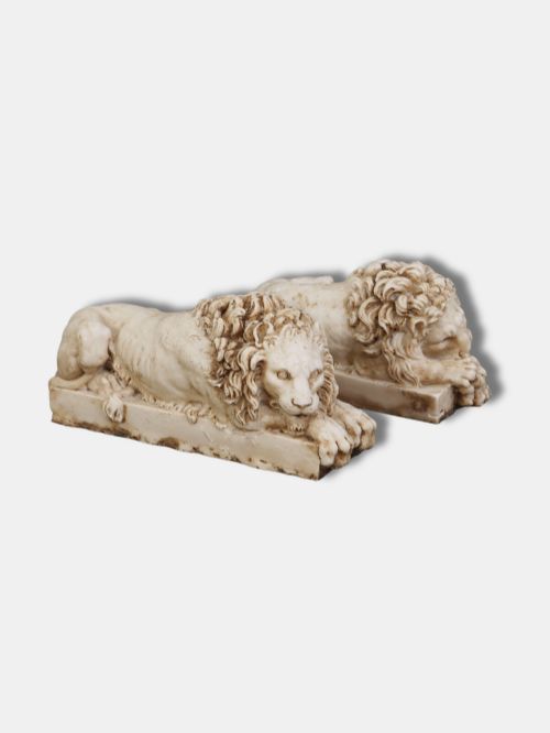 C. 1880, Pair of Alabaster Lions - After Antonio Canova (Italian)