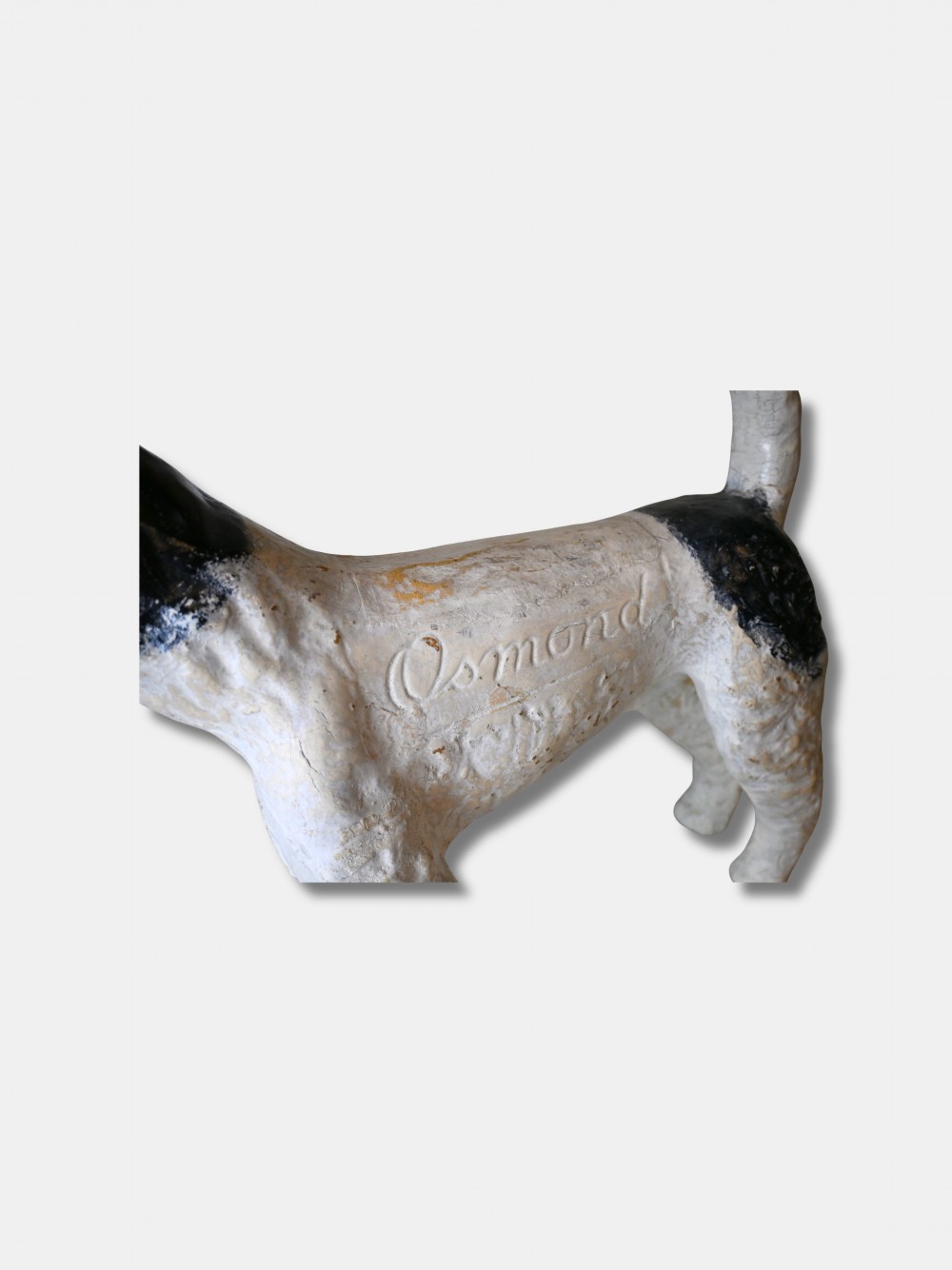A life-size 1920s composition figure of a Fox Terrier featuring an off-white body, black painted markings on the head and back, and the name Osmond impressed into the shoulder. View IV