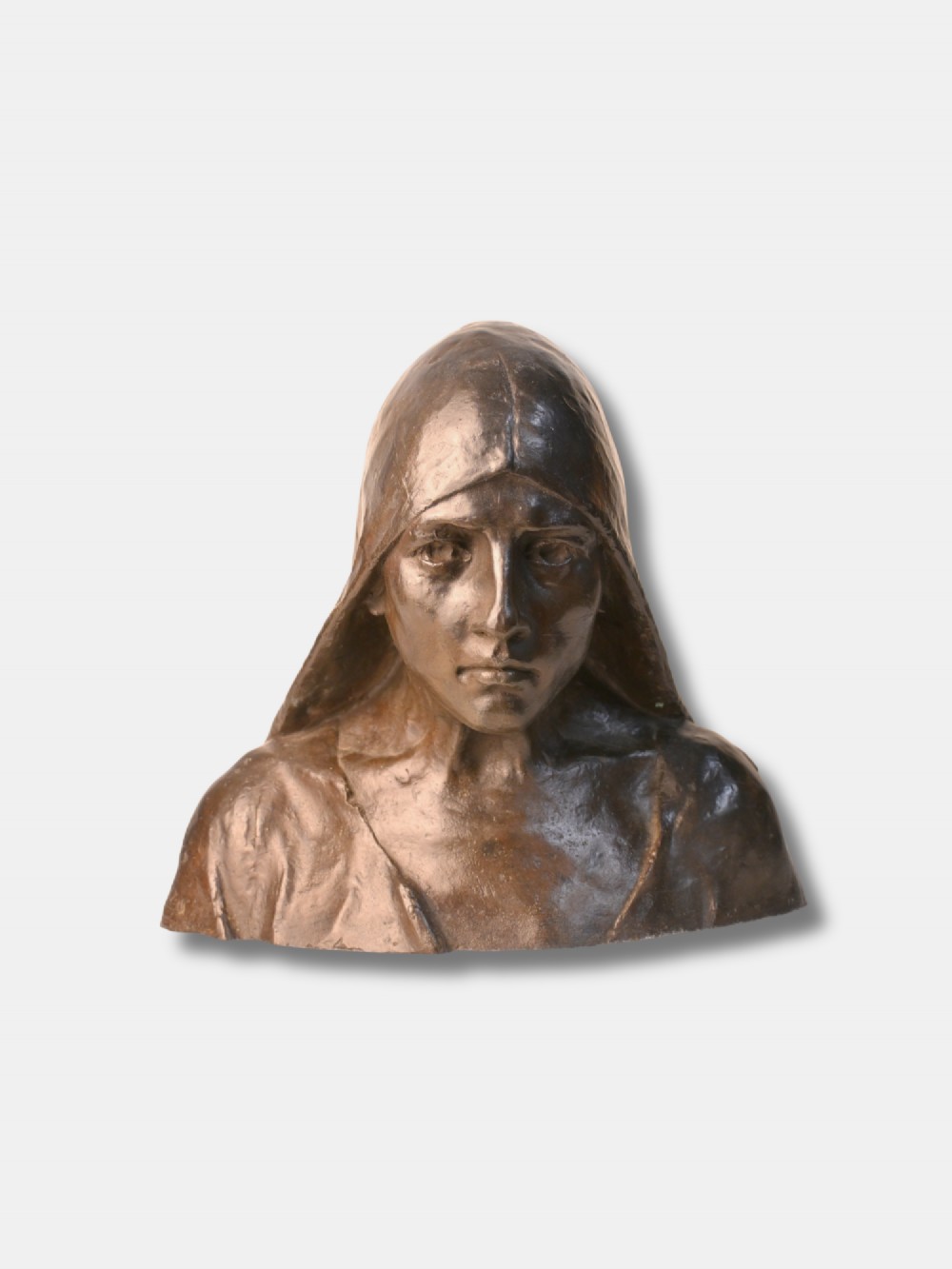 A late 19th-century dark patinated bronze bust depicting a medieval woman wearing a hooded headdress.