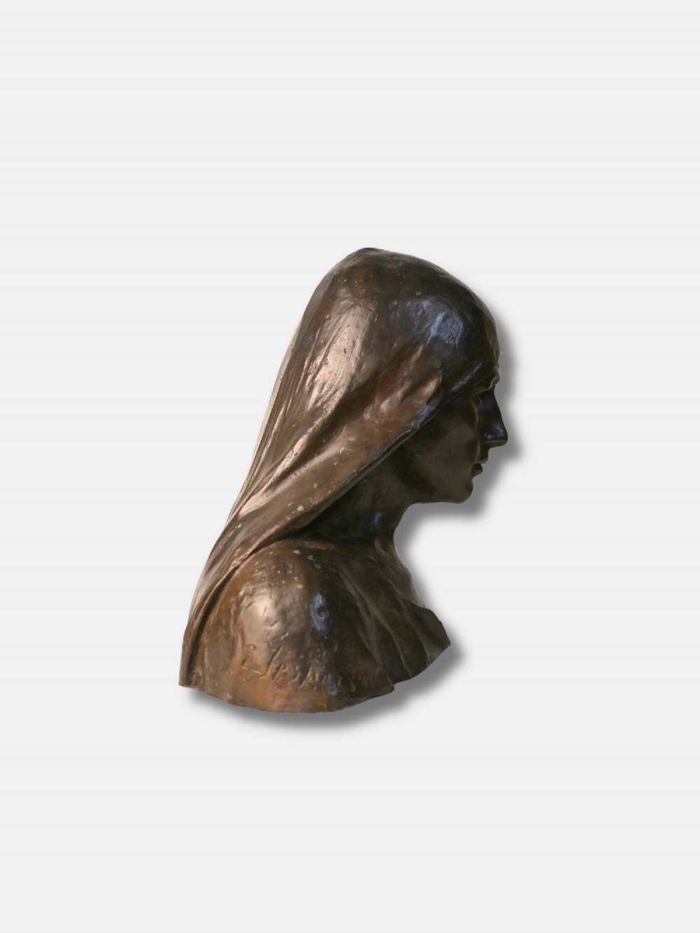 A late 19th-century dark patinated bronze bust depicting a medieval woman wearing a hooded headdress. View II