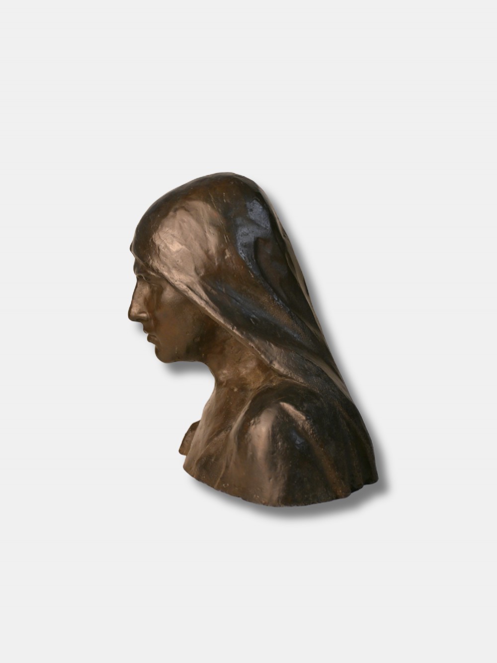 A late 19th-century dark patinated bronze bust depicting a medieval woman wearing a hooded headdress. View IV