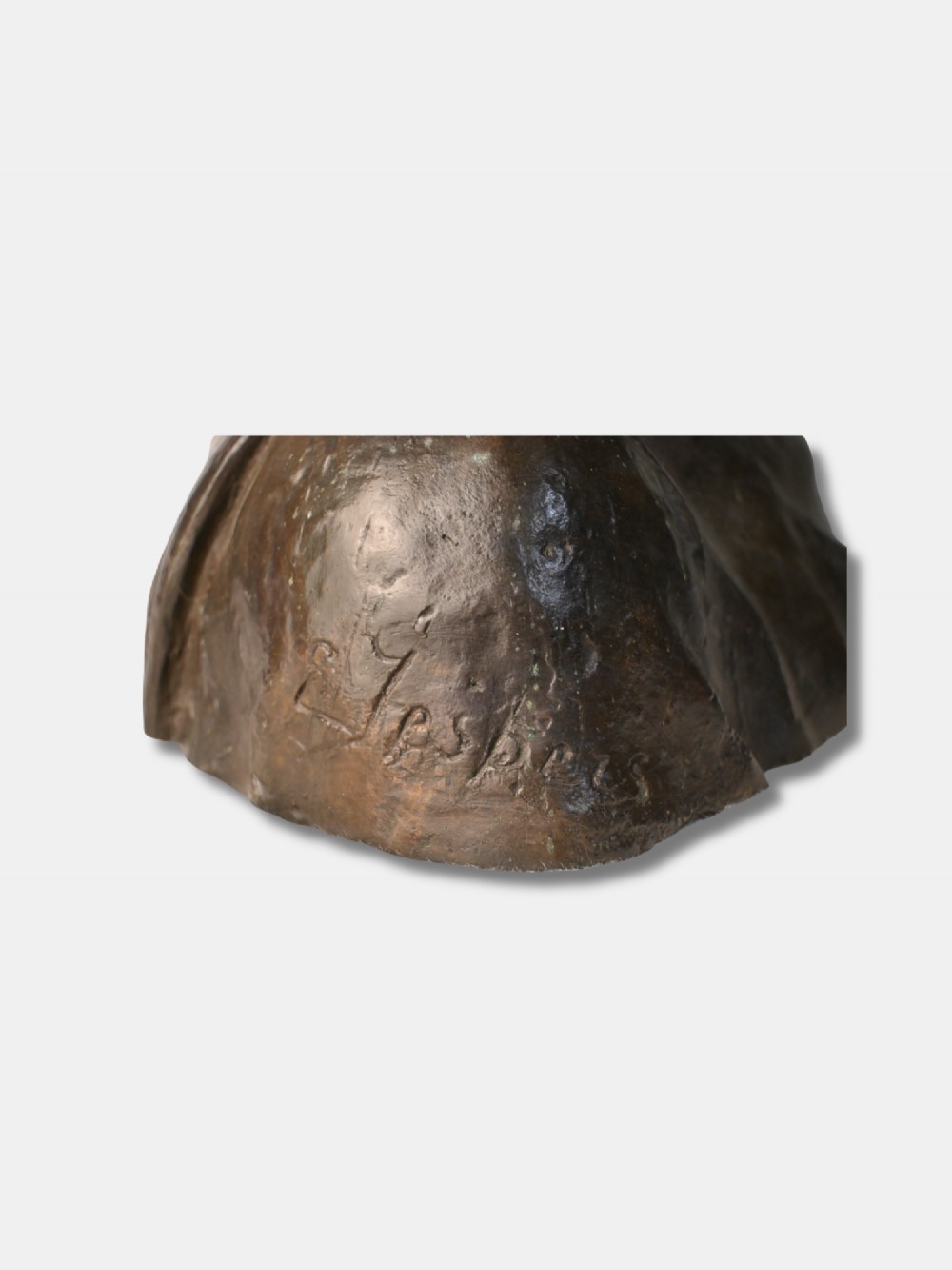 A late 19th-century dark patinated bronze bust depicting a medieval woman wearing a hooded headdress. View V