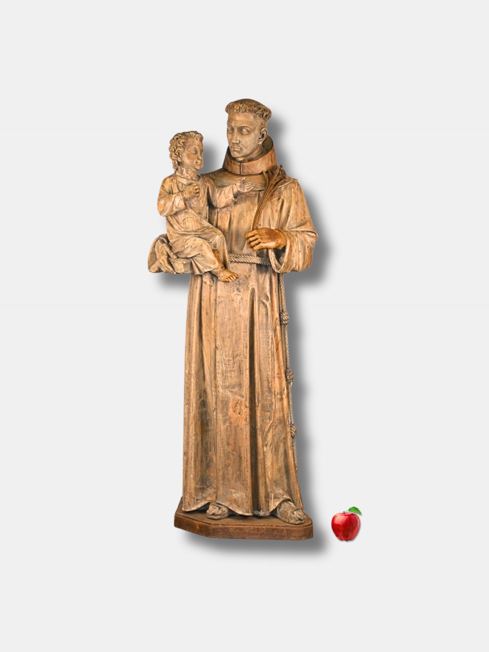A 19th-century life-size French hand-carved wood sculpture depicting Saint Anthony holding the Christ Child on a plinth.
