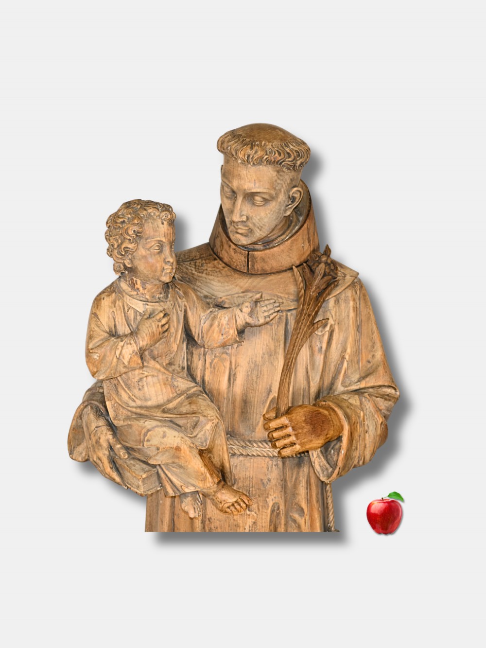 A 19th-century life-size French hand-carved wood sculpture depicting Saint Anthony holding the Christ Child on a plinth. View III