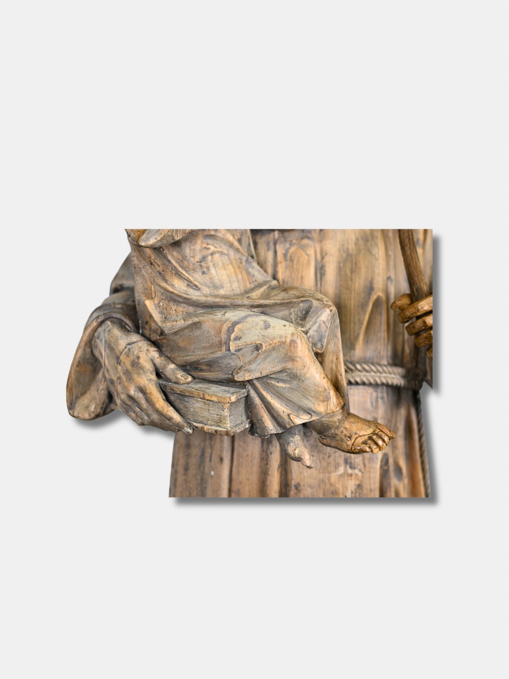 A 19th-century life-size French hand-carved wood sculpture depicting Saint Anthony holding the Christ Child on a plinth. View IV