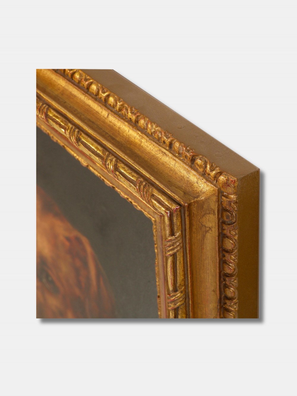 An oil painting on board depicting a brown and white Jack Russell terrier wearing a leather collar, set within a moulded gilt frame. View II