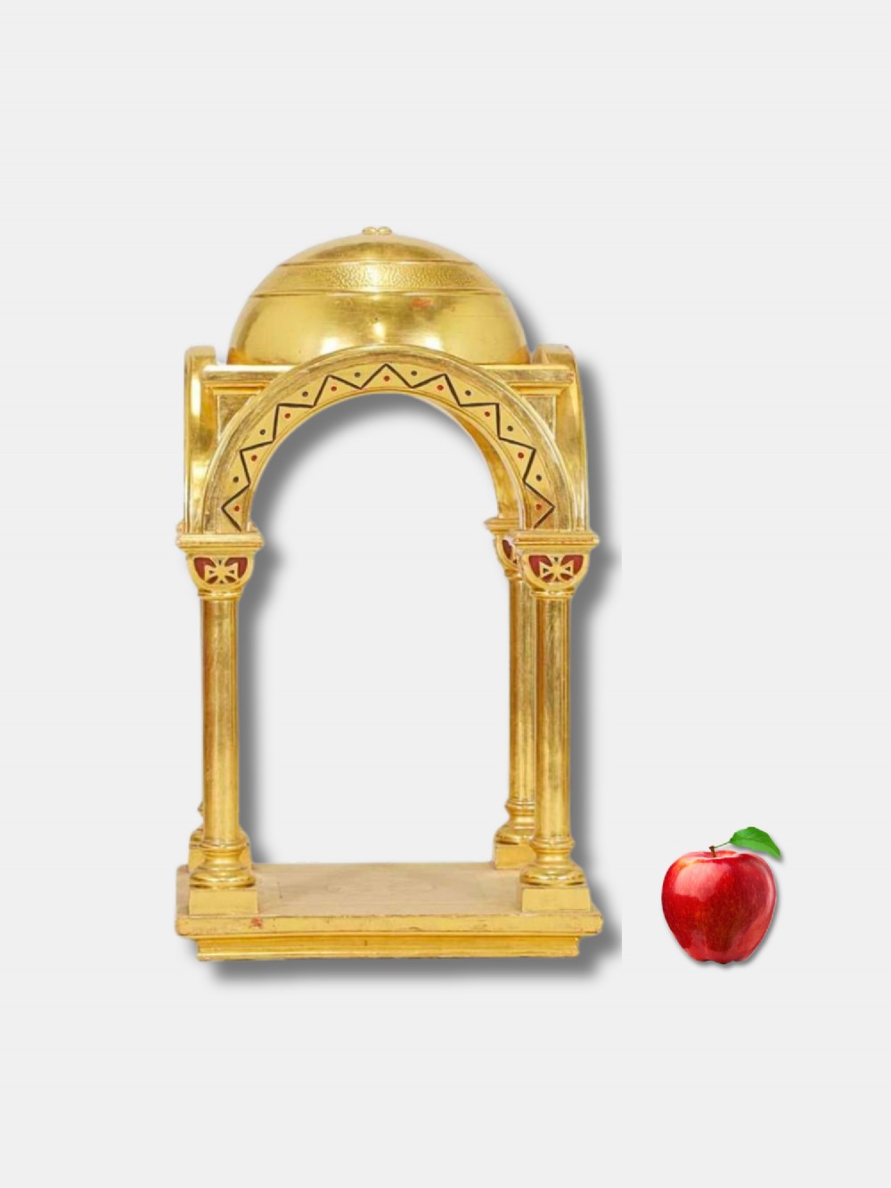 A gilded wooden architectural tabernacle featuring four column supports, painted zigzag archways, and a domed canopy top. View II