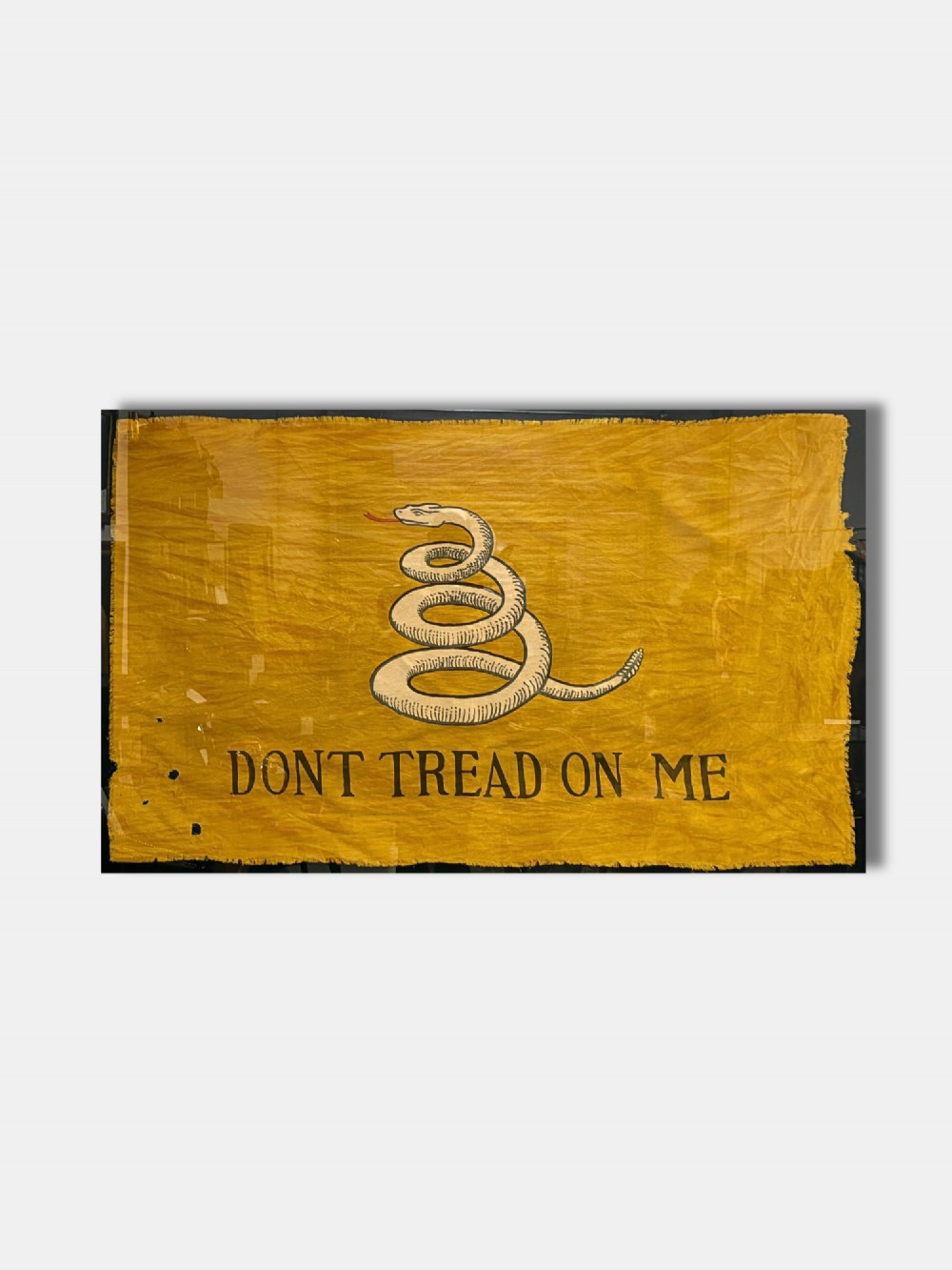 A framed yellow antique Gadsden flag displaying a coiled rattlesnake motif above black lettering reading DONT TREAD ON ME. View III
