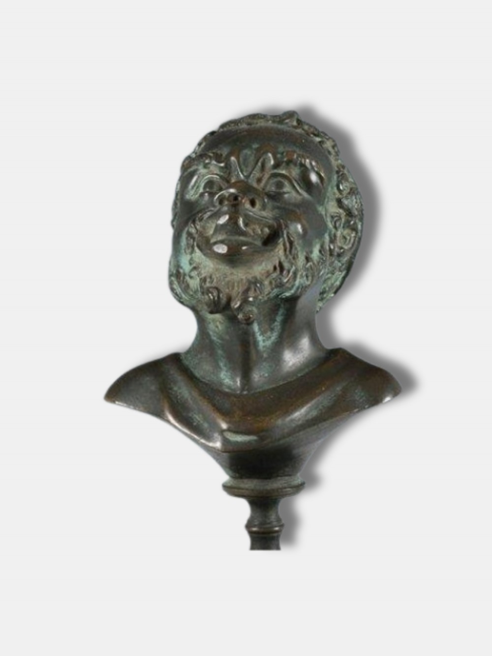 An antique circa 1820 Italian patinated bronze oil lamp featuring a tripod eagle claw base, a central circular tray, and a top finial shaped as a bust of a satyr. View V