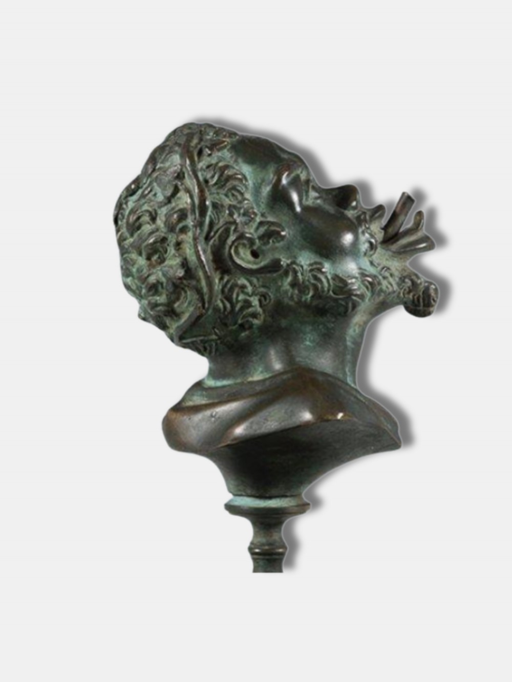 An antique circa 1820 Italian patinated bronze oil lamp featuring a tripod eagle claw base, a central circular tray, and a top finial shaped as a bust of a satyr. View VI