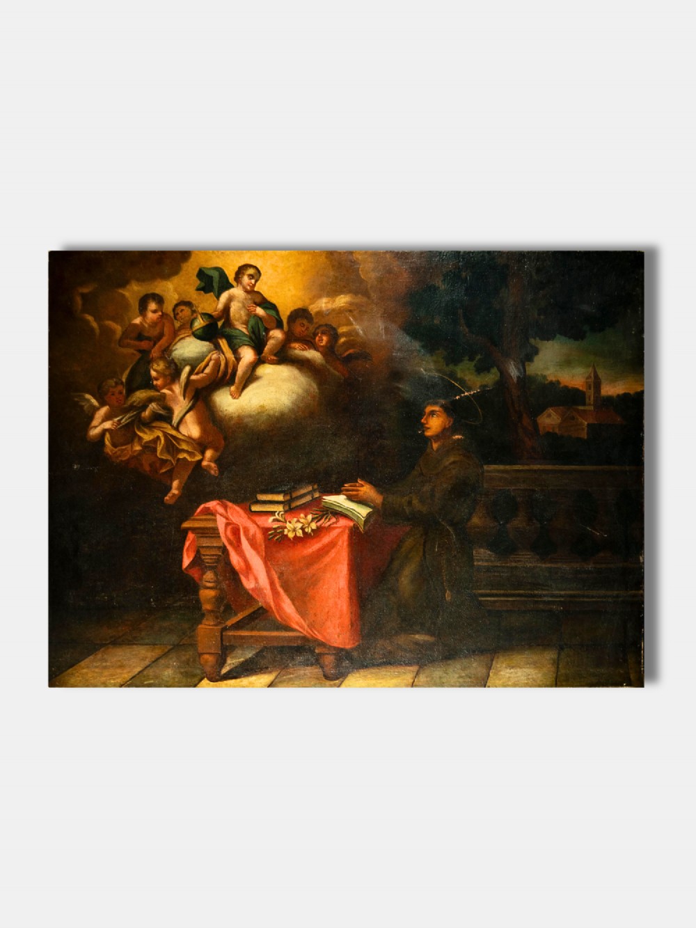 An 18th-century Spanish oil painting depicting Saint Anthony kneeling before a heavenly vision of the Christ child and cherubs.