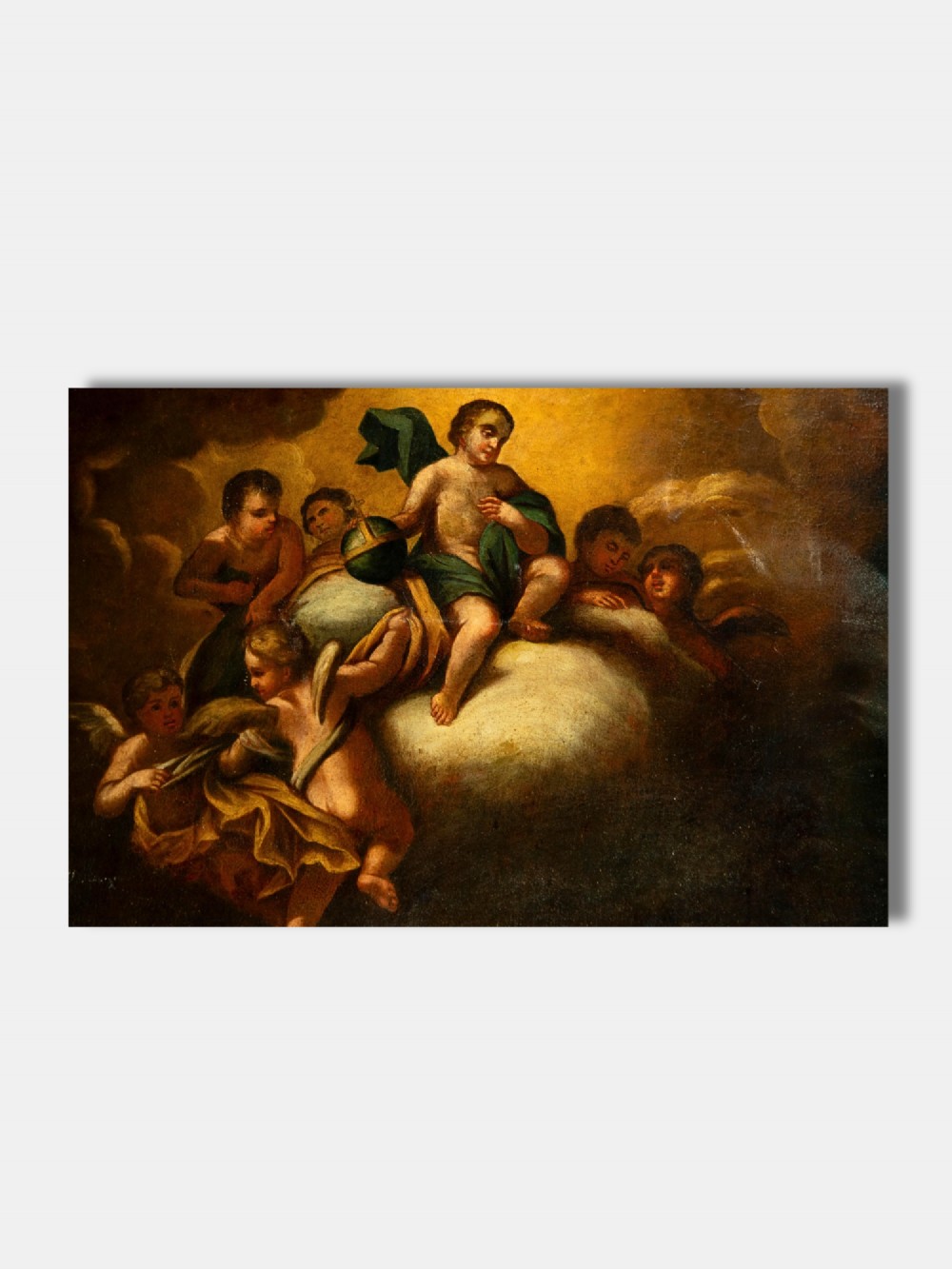 An 18th-century Spanish oil painting depicting Saint Anthony kneeling before a heavenly vision of the Christ child and cherubs. View II