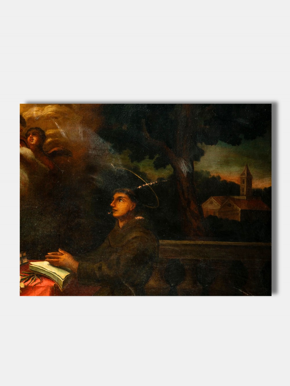 An 18th-century Spanish oil painting depicting Saint Anthony kneeling before a heavenly vision of the Christ child and cherubs. View IV