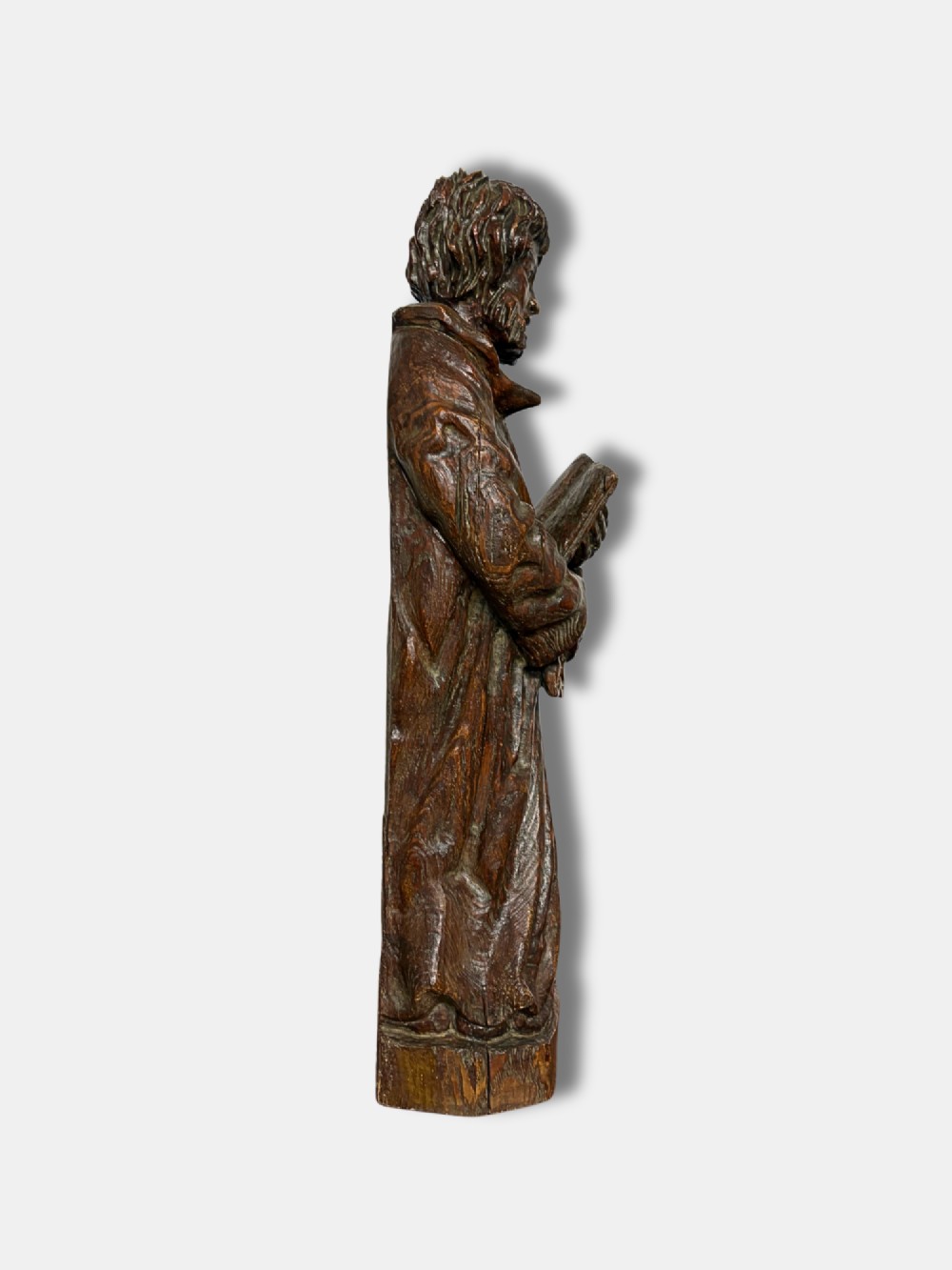 An 18th-century French carved wood statue depicting Saint Peter holding a book and keys. View III