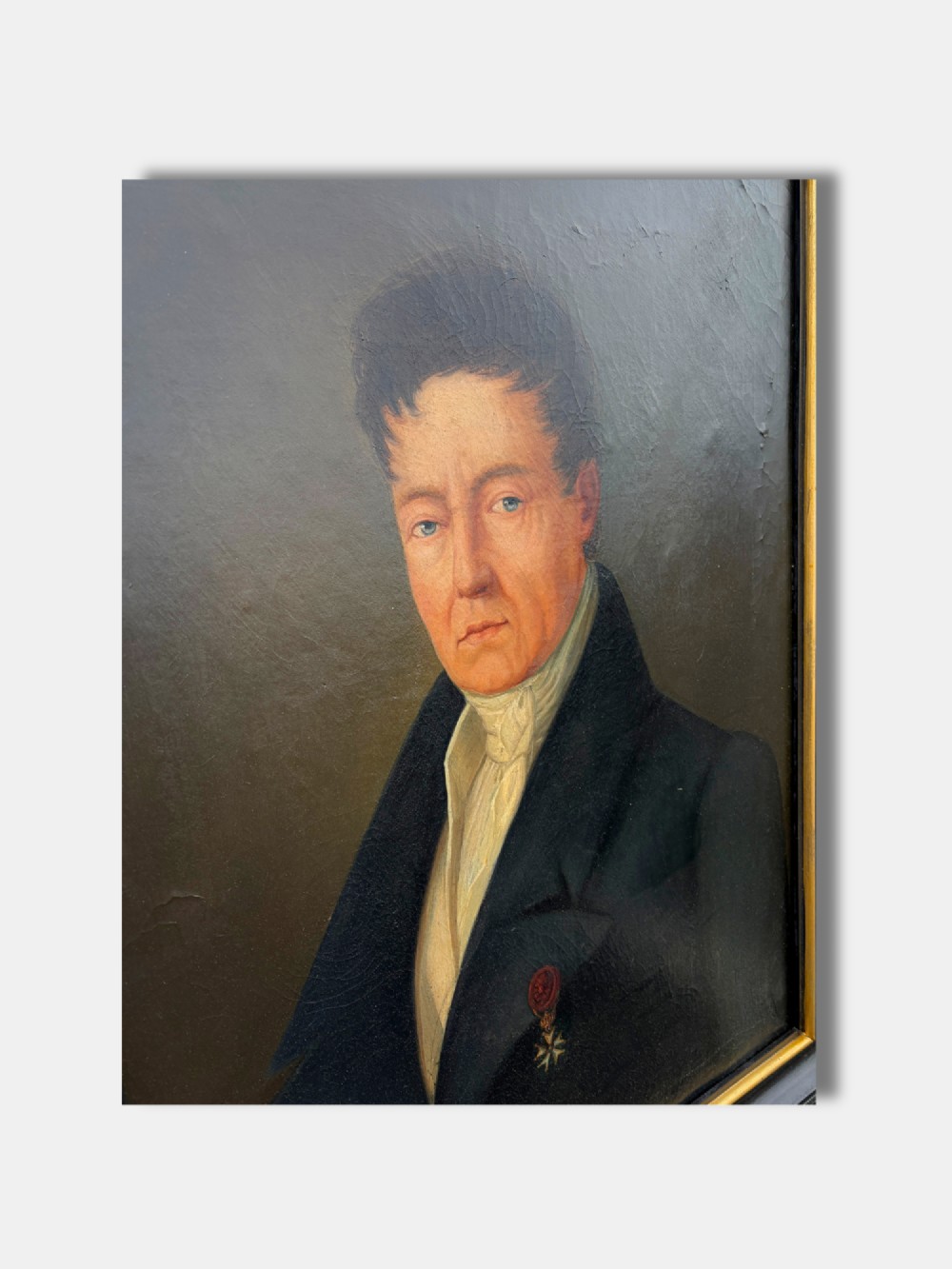 A 19th-century oil painting on canvas depicting a French nobleman in a high cravat and dark coat adorned with a Legion of Honour medal, in a black frame with gold trim. View II