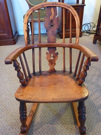 Rare Antique Yew Wood Childs Windsor Rocking Chair