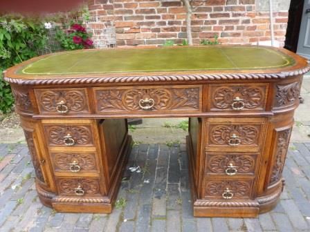 Antique Victorian Pedestal Desk Carved Oak