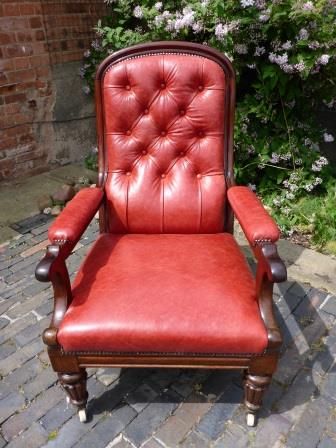 Antique Victorian Library Armchair Red Leather