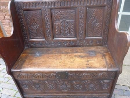 Antique Oak Box Settle Carved