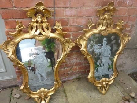 Pair Antique Venetian Gilt Wood Decorative Mirrors