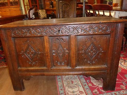Early Oak Coffer/blanket Box Good Carving