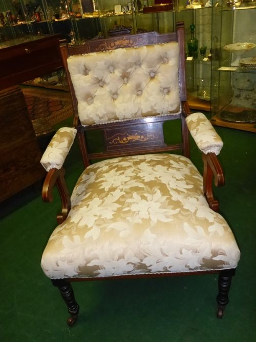 Late Victorian Rosewood Armchair Inlaid Deep Buttoned